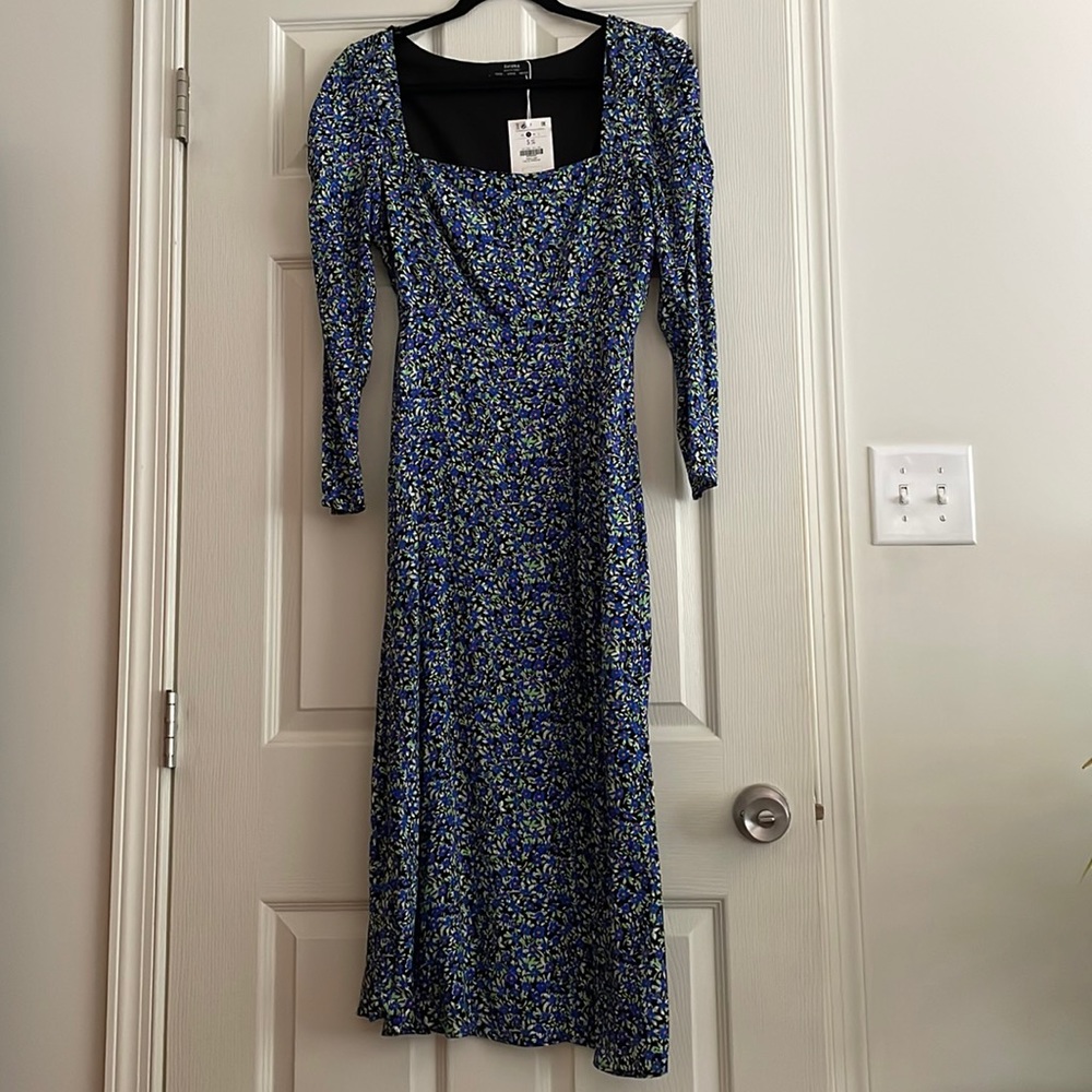NWT BERSHKA Square Neck Floral Midi Dress in Blue